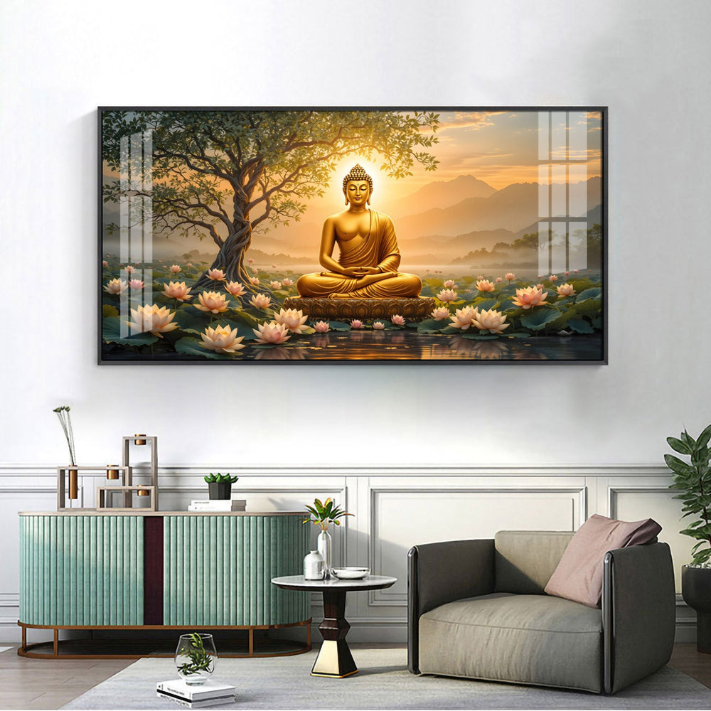 Blissful Buddha With Lotus Petal Premium Acrylic Horizontal Wall Art