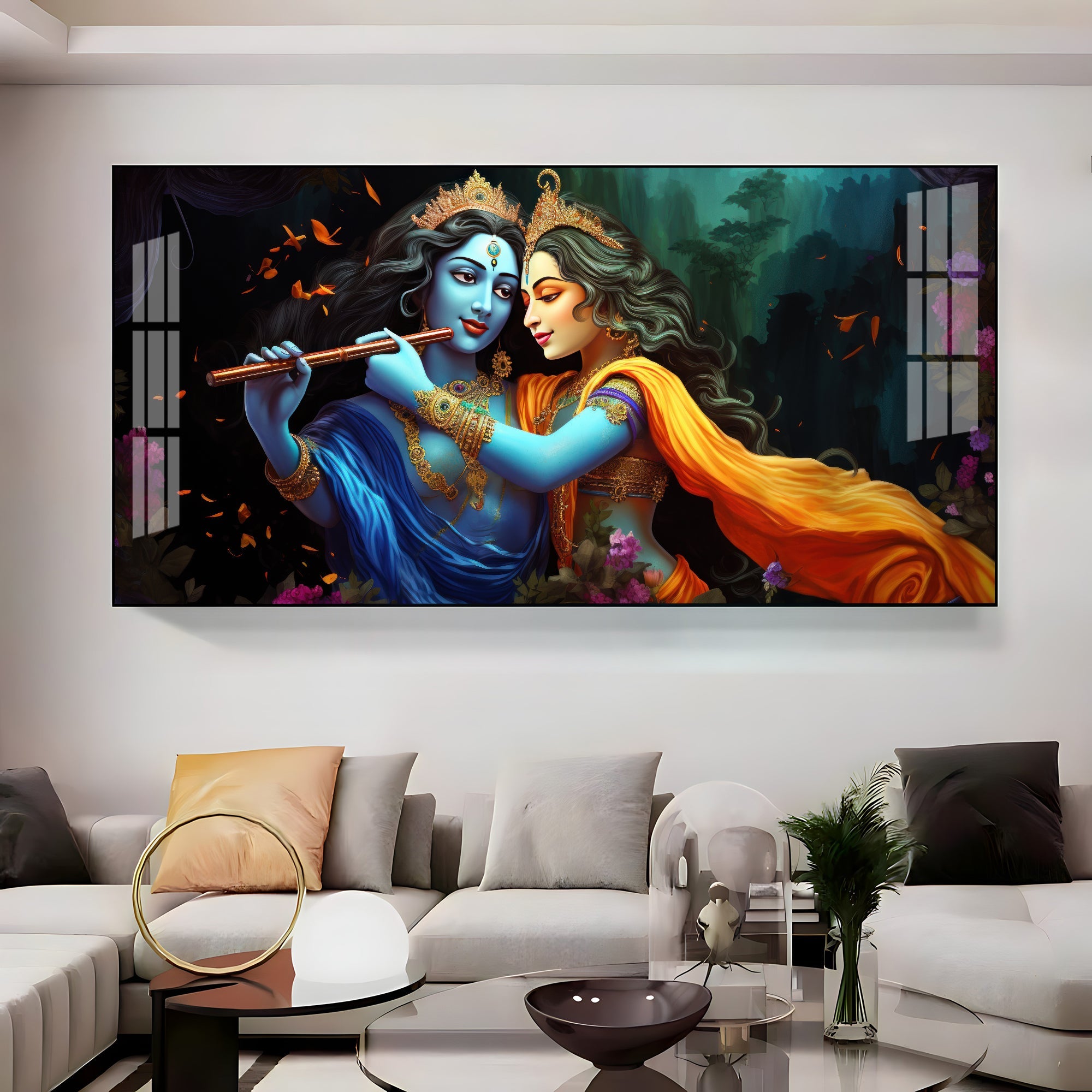 Radha Krishna Playing Bansuri Premium Acrylic Horizontal Wall Art
