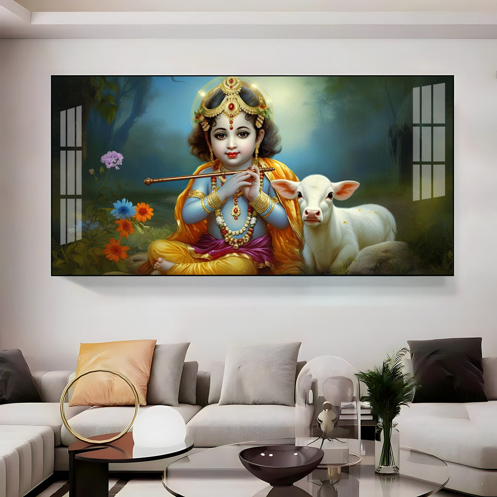 Little Krishna With Bansuri & Cow Premium Acrylic Horizontal Wall Art