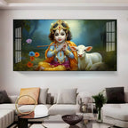 Little Krishna With Bansuri & Cow Premium Acrylic Horizontal Wall Art