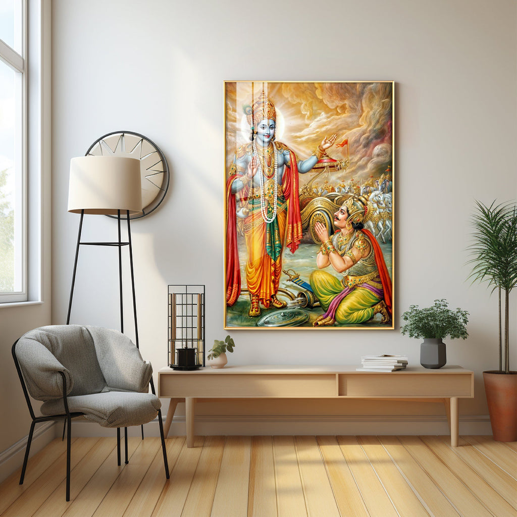 Lord Krishna & Arjuna Premium Acrylic Vertical Wall Art