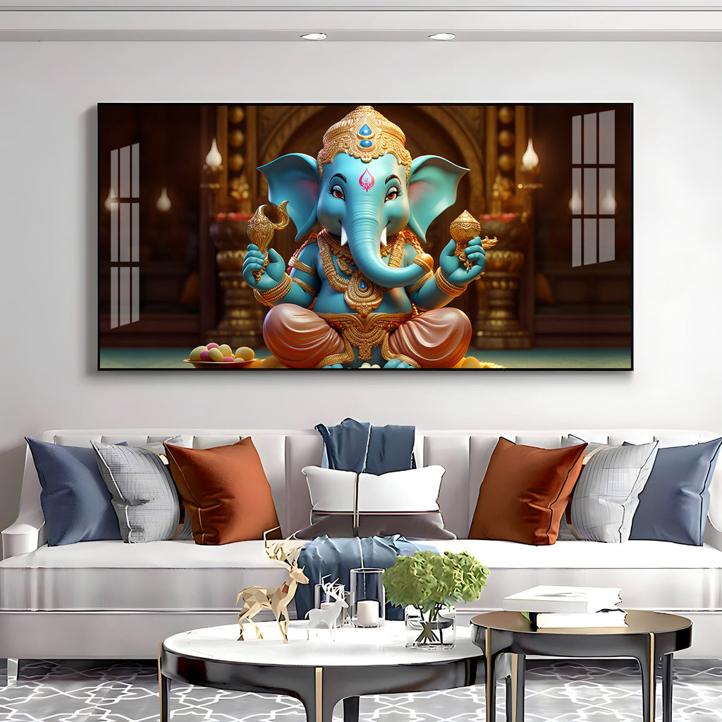 Lord Ganesha Holding Shell Premium Acrylic Horizontal Wall Art