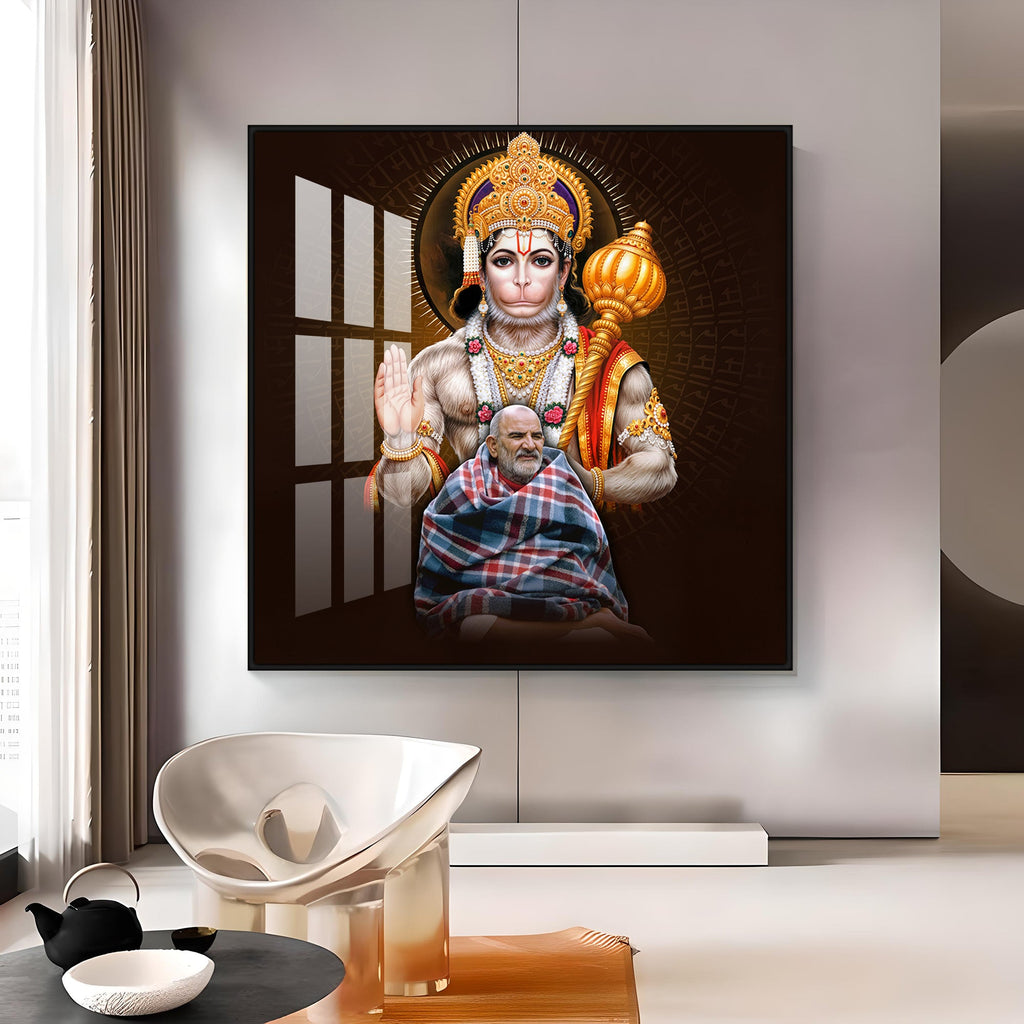 Lord Hanuman Ji and Neem Karoli Baba Premium Acrylic Square Wall Art