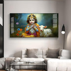 Little Krishna With Bansuri & Cow Premium Acrylic Horizontal Wall Art