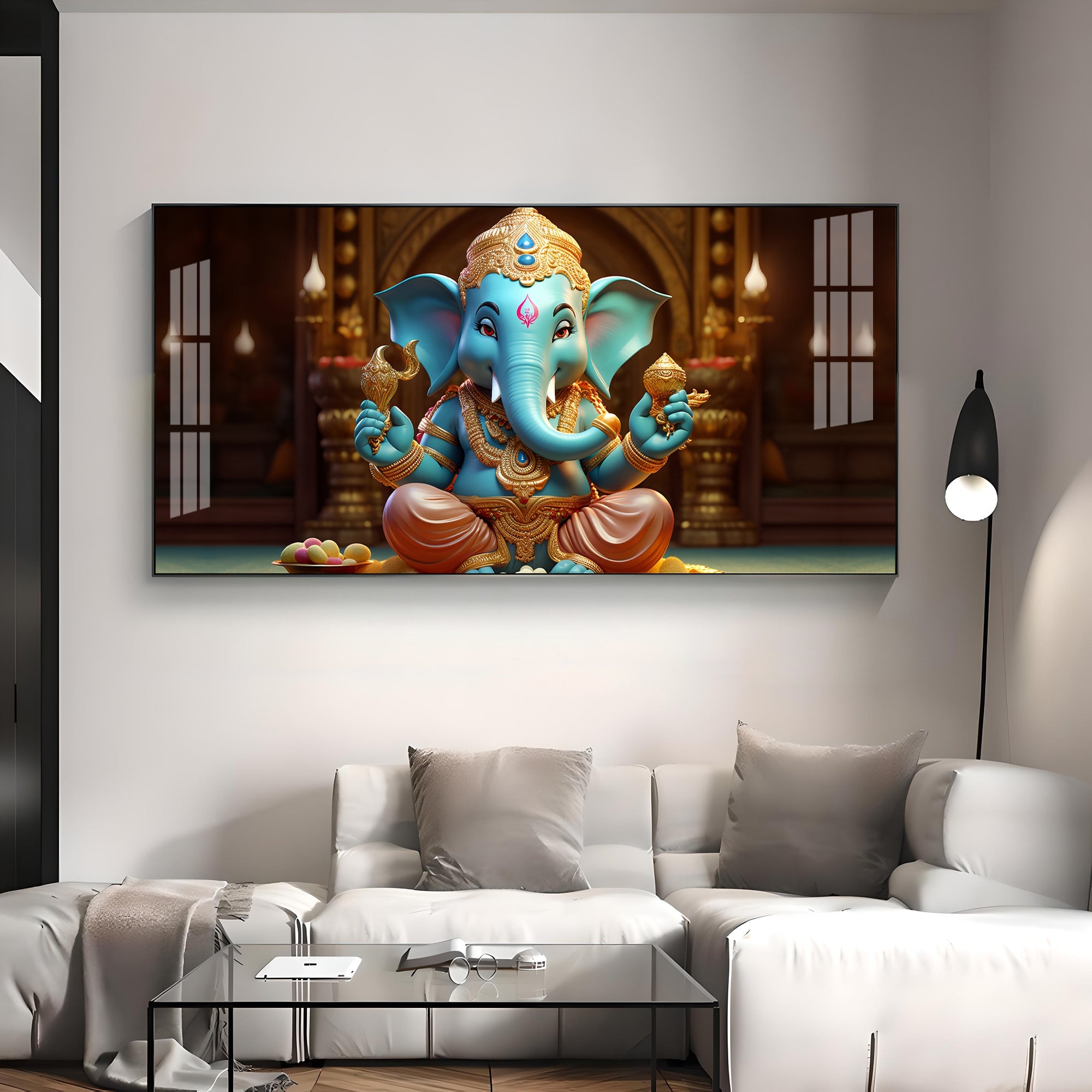 Lord Ganesha Holding Shell Premium Acrylic Horizontal Wall Art