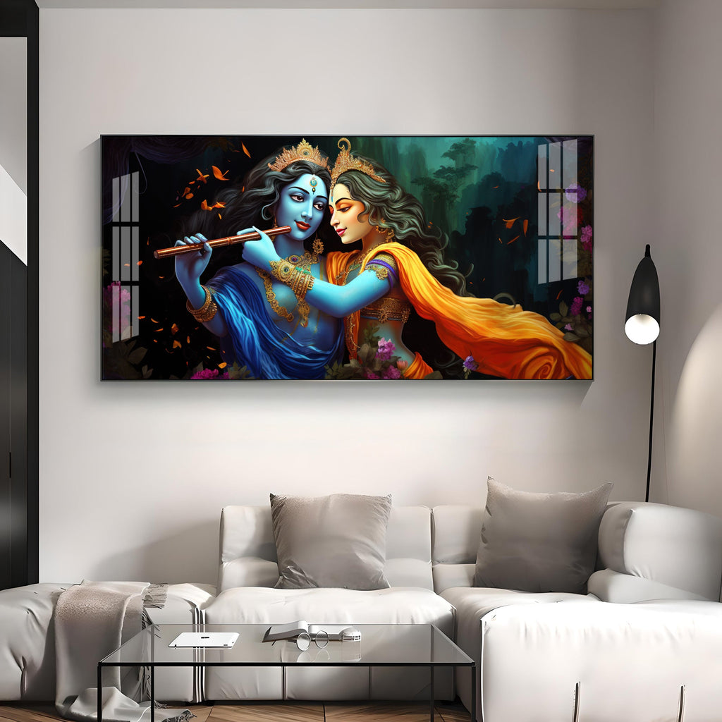 Radha Krishna Playing Bansuri Premium Acrylic Horizontal Wall Art