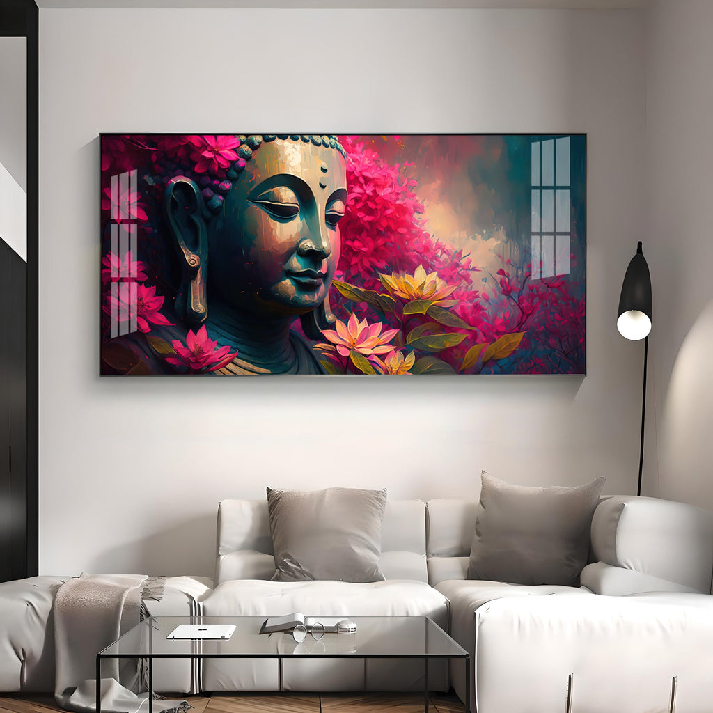 Lord Buddha Blossoms Premium Acrylic Horizontal Wall Art