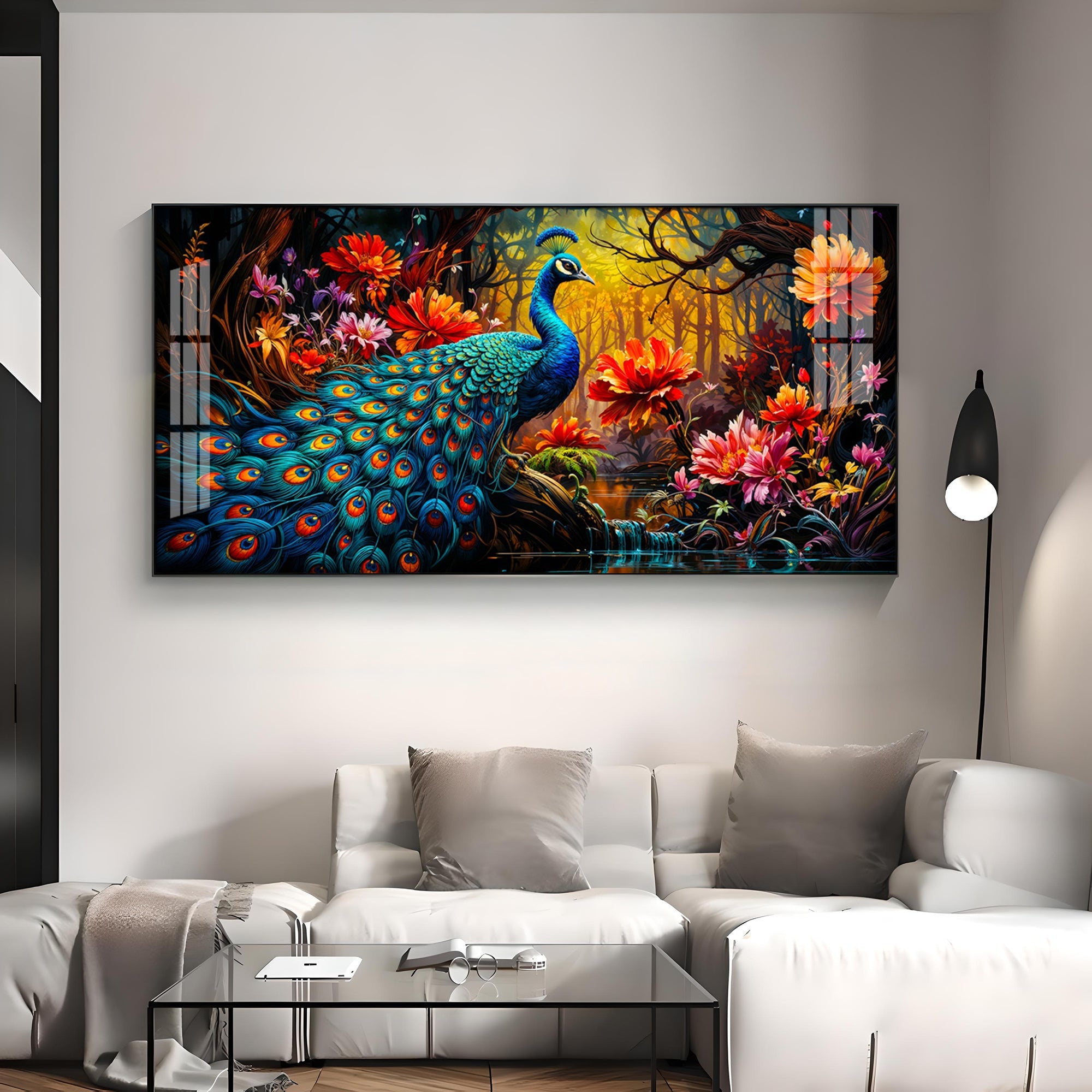 Surreal Peacock With Red Blossom Premium Acrylic Horizontal Wall Art