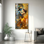 Radha And Krishna in Golden Splendor Flower Premium Acrylic Vertical Wall Art