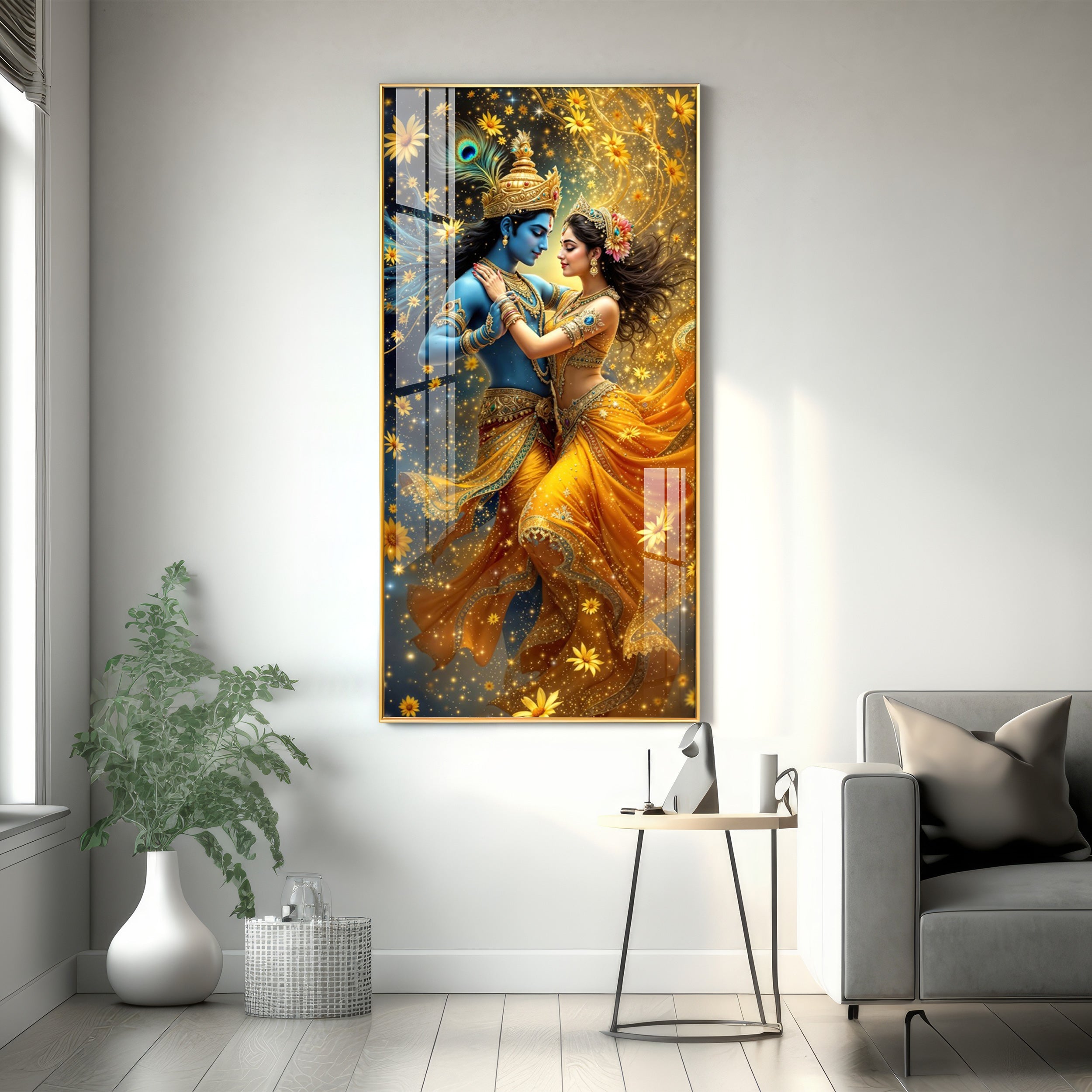Radha And Krishna in Golden Splendor Flower Premium Acrylic Vertical Wall Art
