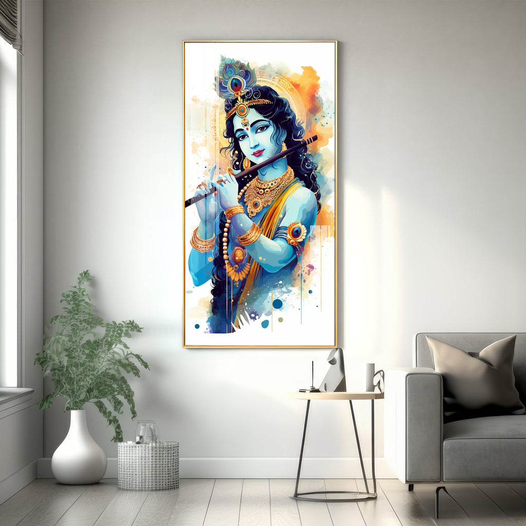 Shree Krishna With Flute Premium Acrylic Vertical Wall Art