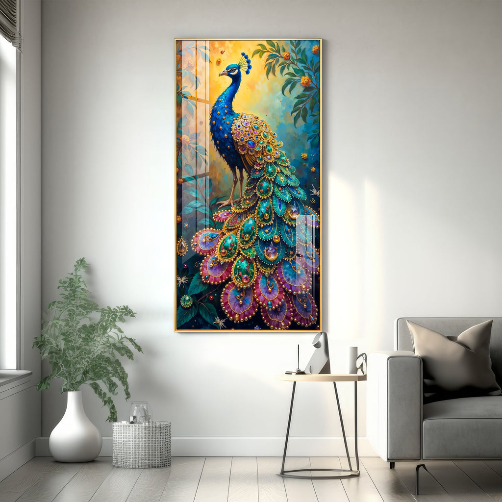 Peacock In Sunrise Premium Acrylic Vertical Wall Art