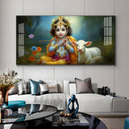 Little Krishna With Bansuri & Cow Premium Acrylic Horizontal Wall Art