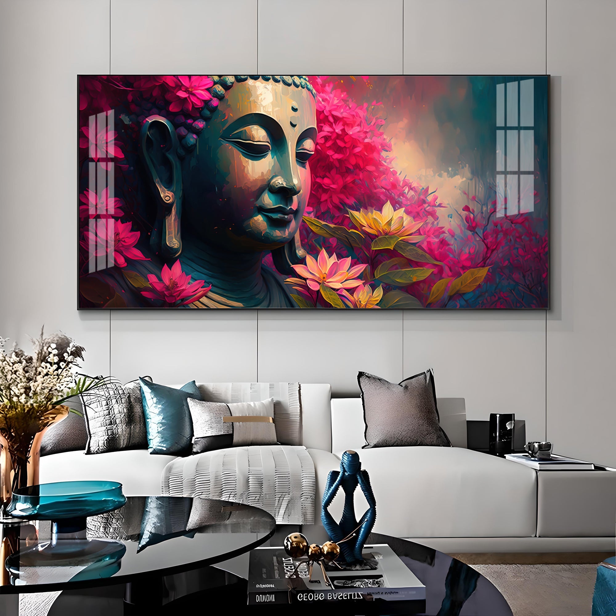 Lord Buddha Blossoms Premium Acrylic Horizontal Wall Art