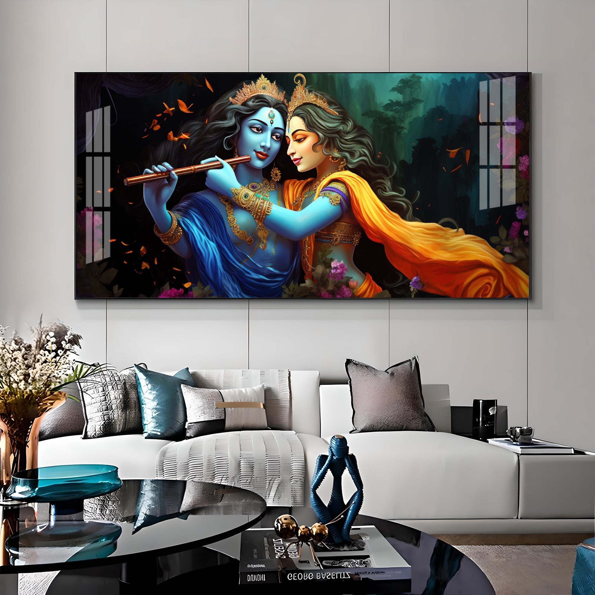 Radha Krishna Playing Bansuri Premium Acrylic Horizontal Wall Art