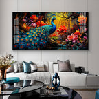 Surreal Peacock With Red Blossom Premium Acrylic Horizontal Wall Art