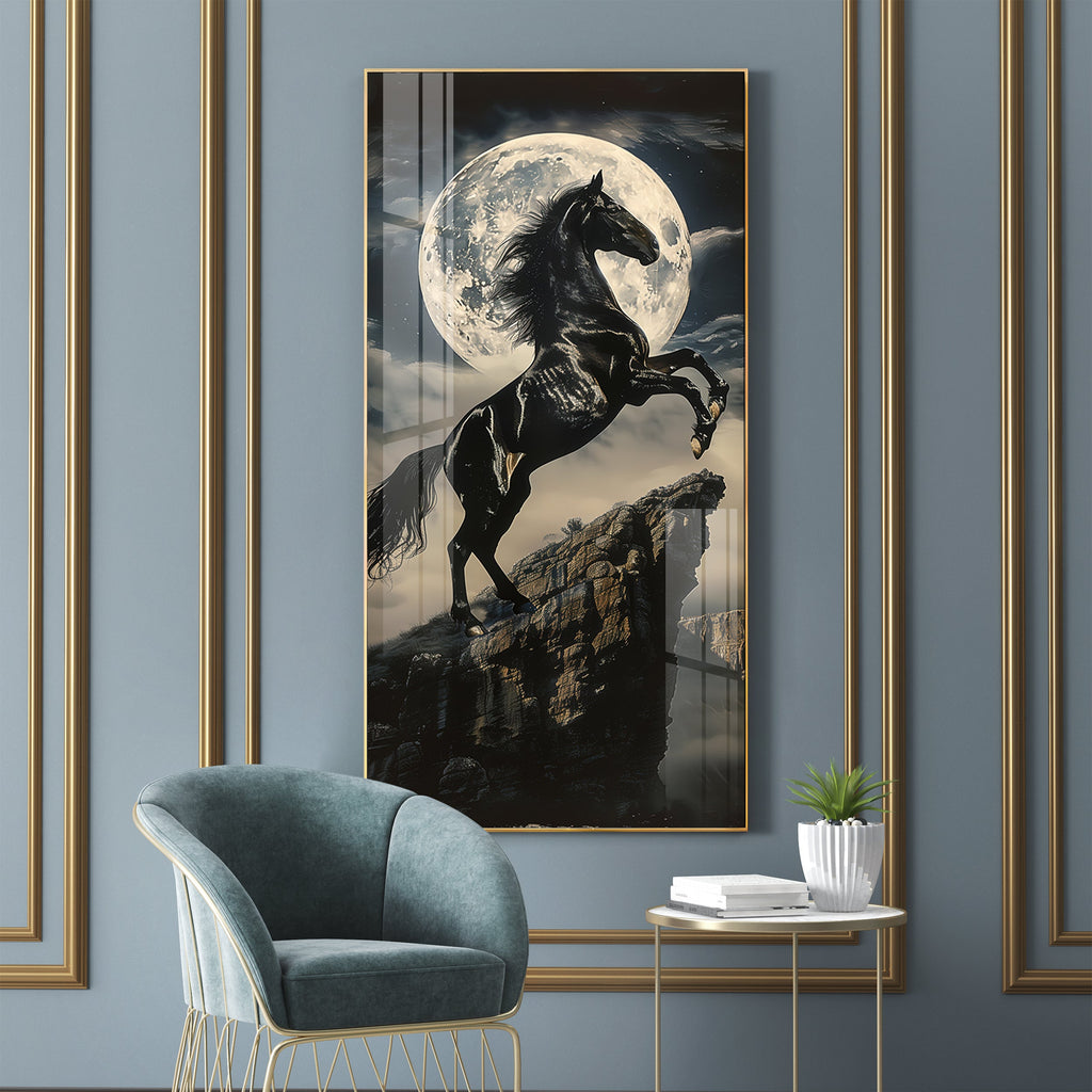 Black Horse On Rocky Cliff Premium Acrylic Vertical Wall Art