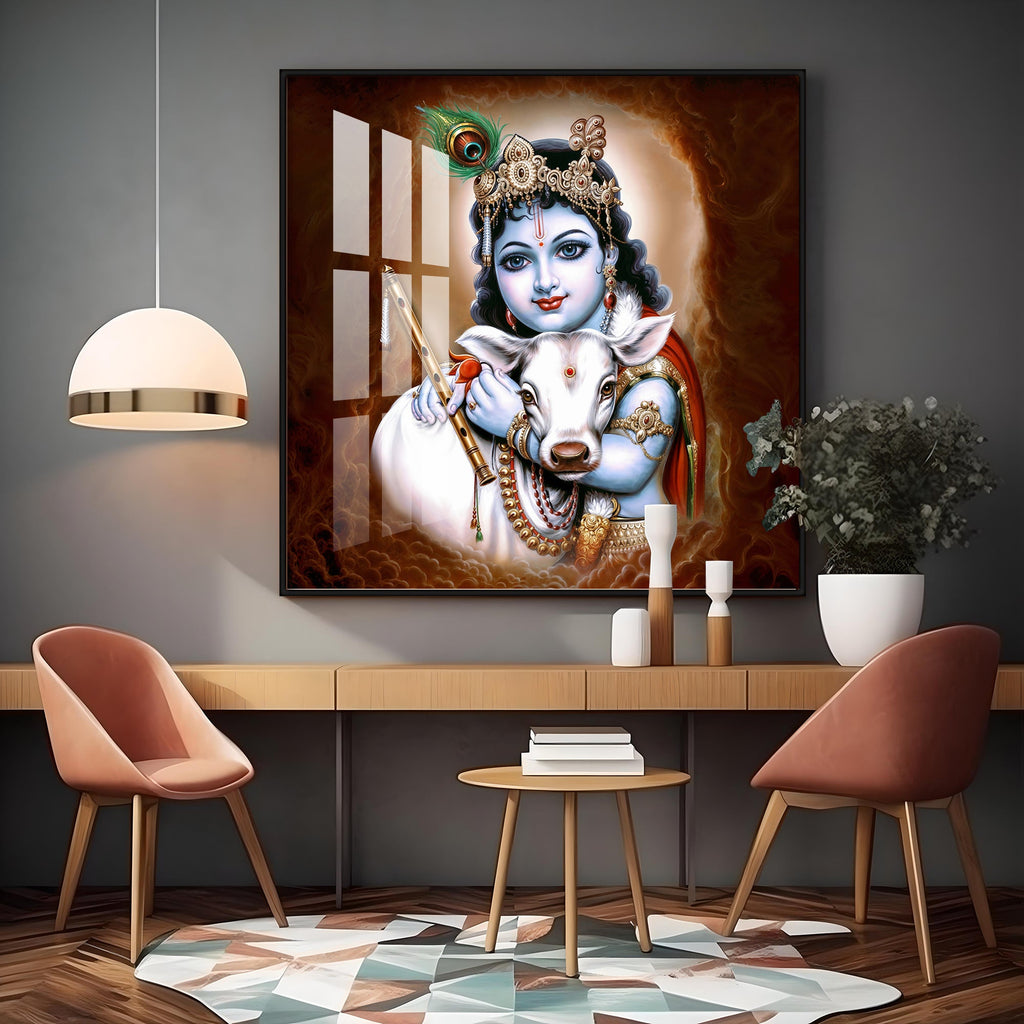 Krishna With Bansuri & Cow Premium Acrylic Horizontal Wall Art