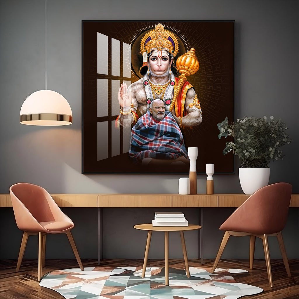 Lord Hanuman Ji and Neem Karoli Baba Premium Acrylic Square Wall Art
