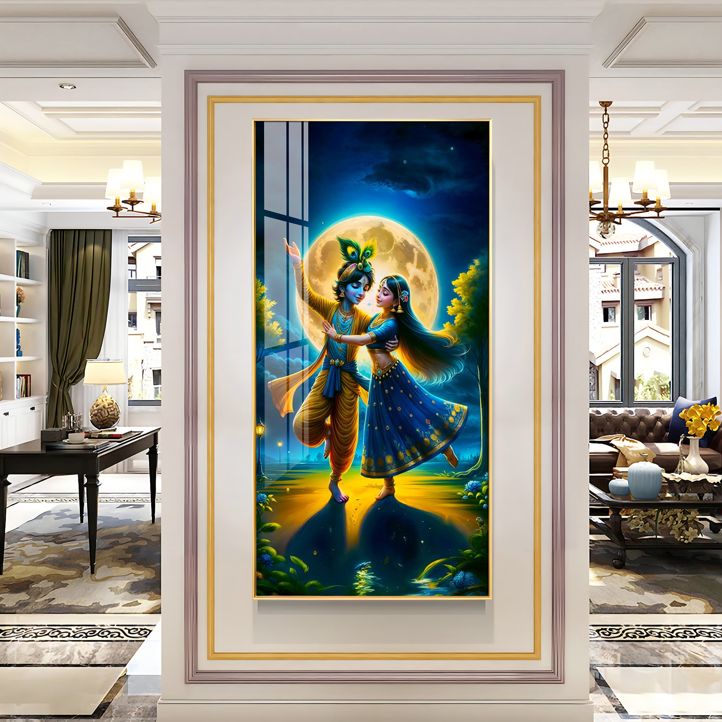 Radha Krishna Dancing Premium Acrylic Vertical Wall Art