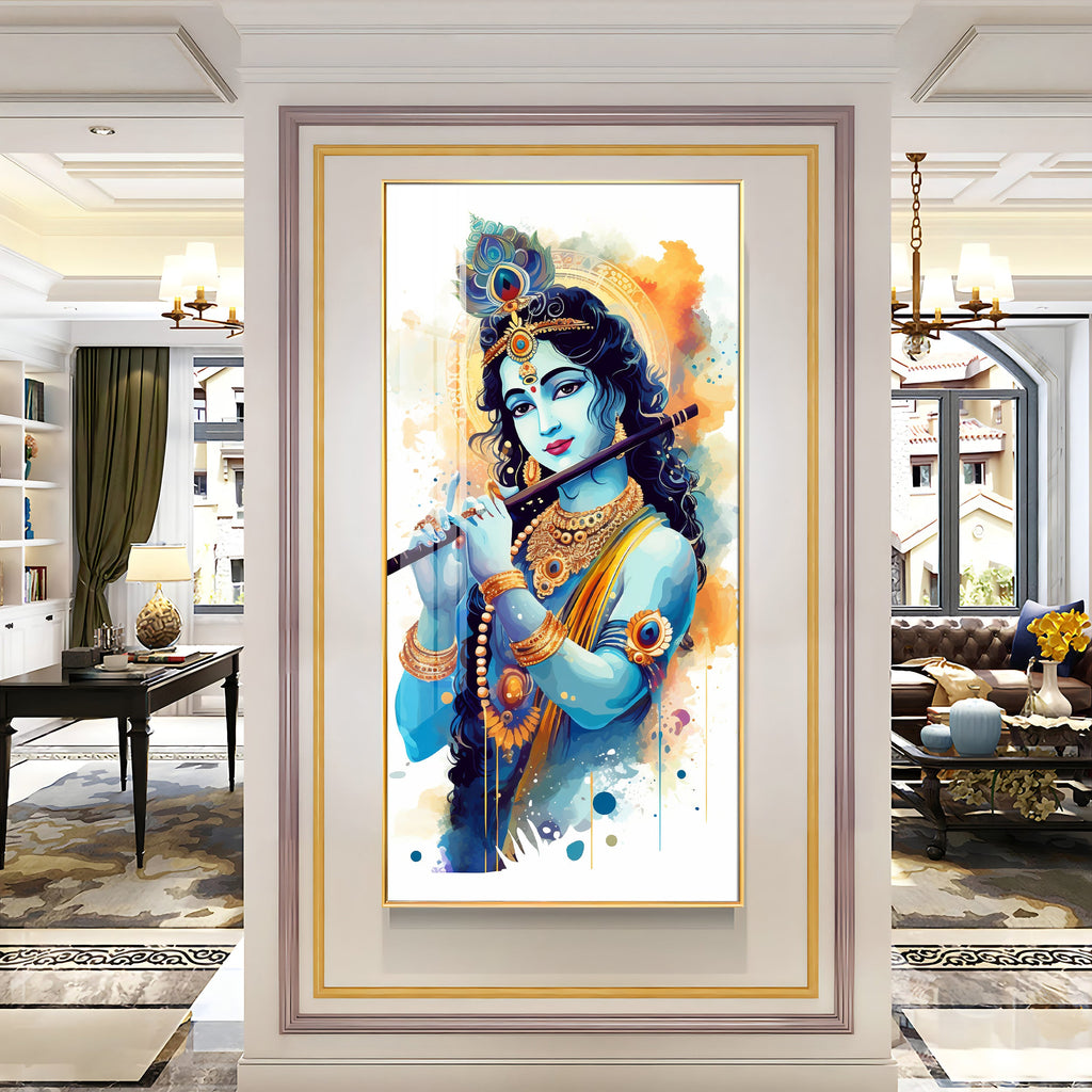 Shree Krishna With Flute Premium Acrylic Vertical Wall Art