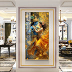 Radha And Krishna in Golden Splendor Flower Premium Acrylic Vertical Wall Art