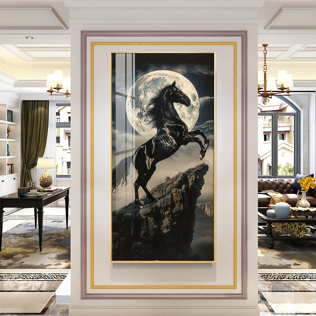 Black Horse On Rocky Cliff Premium Acrylic Vertical Wall Art