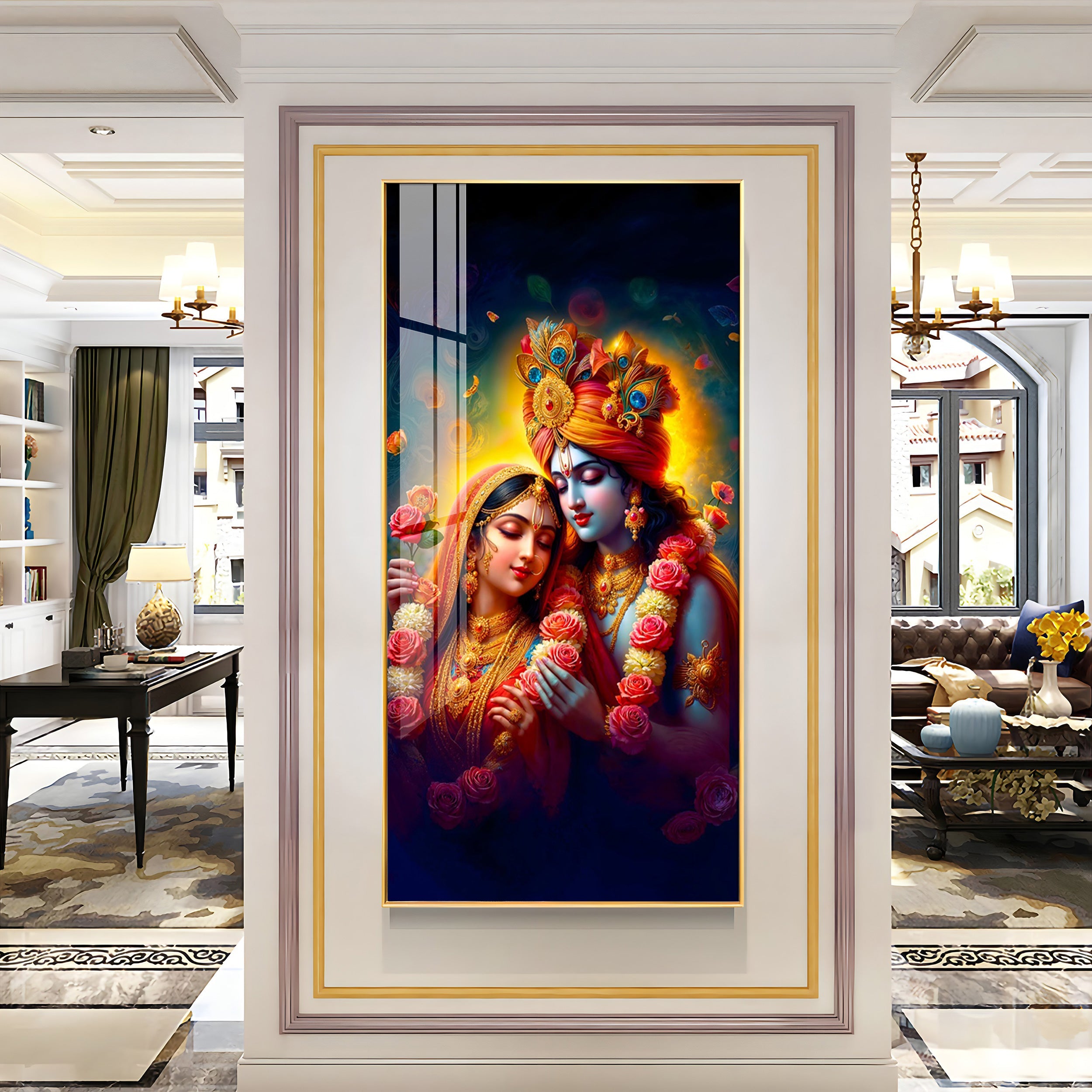 Krishna And Radha Bond Premium Acrylic Vertical Wall Art