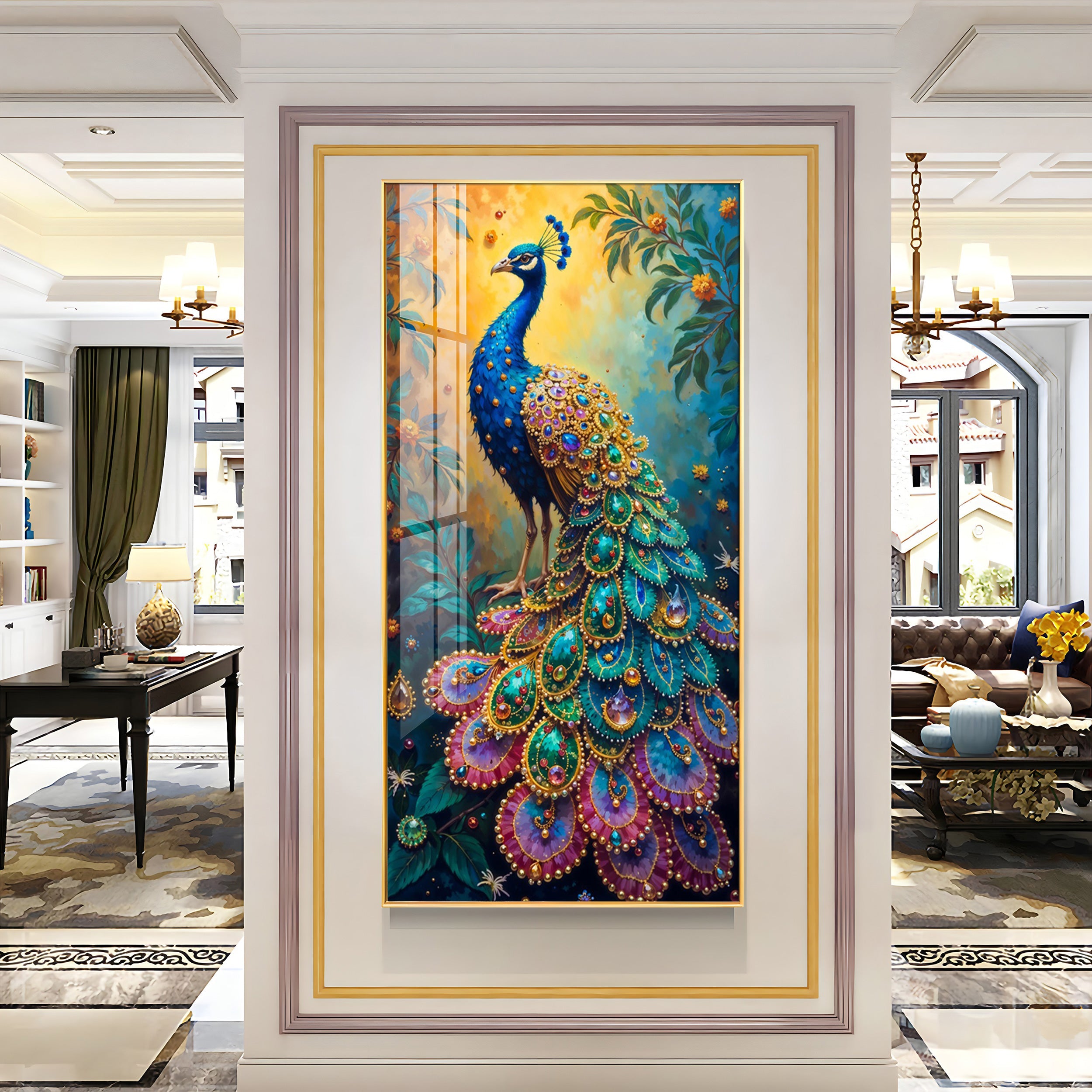 Peacock In Sunrise Premium Acrylic Vertical Wall Art