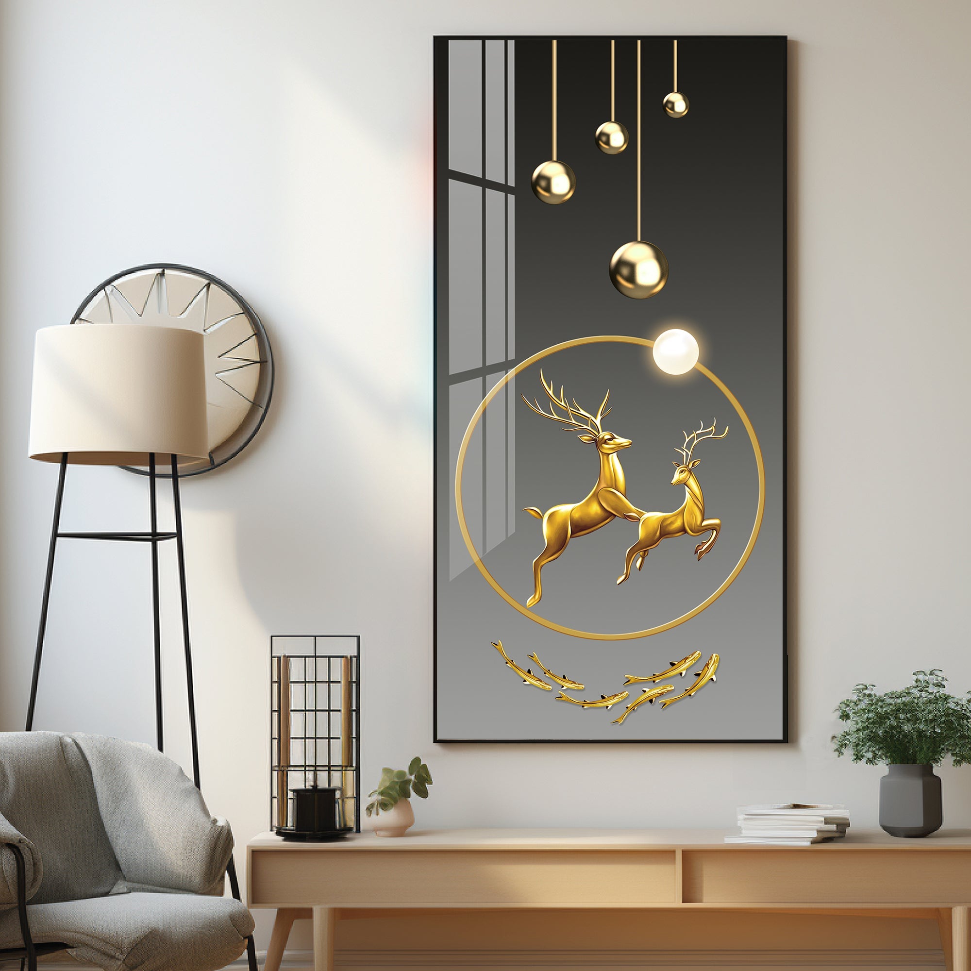 Dancing Golden Reindeer Premium Acrylic Vertical Wall Art