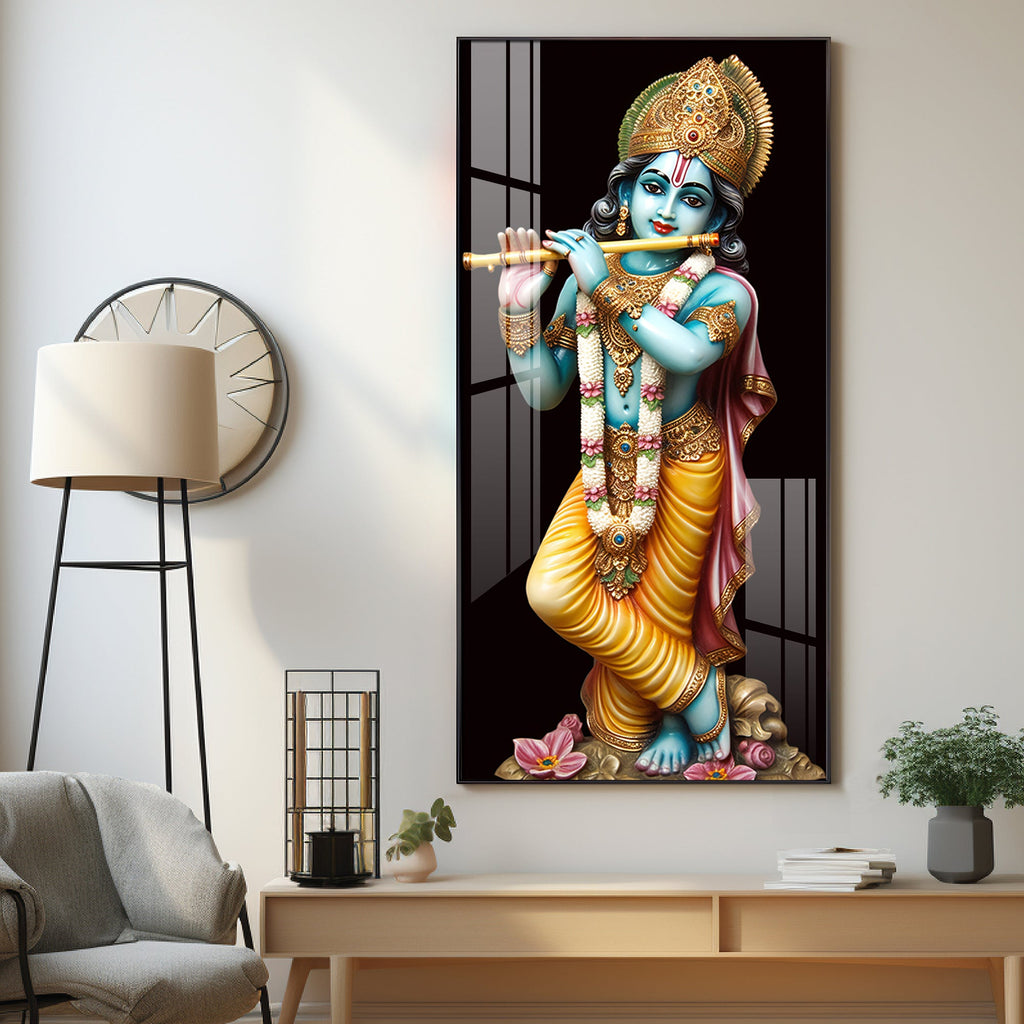Lord Krishna With Flute Premium Acrylic Vertical Wall Art