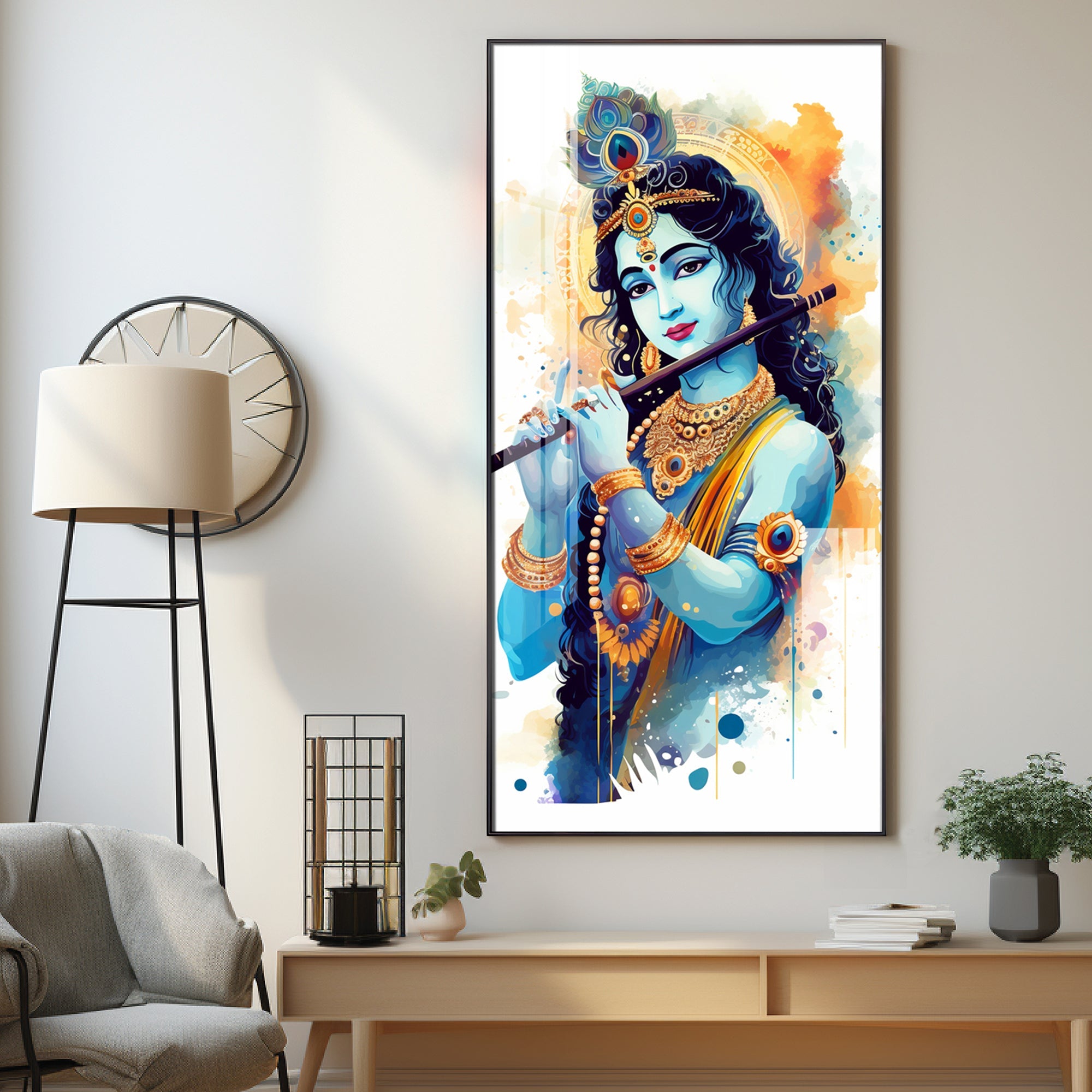 Shree Krishna With Flute Premium Acrylic Vertical Wall Art