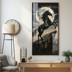 Black Horse On Rocky Cliff Premium Acrylic Vertical Wall Art