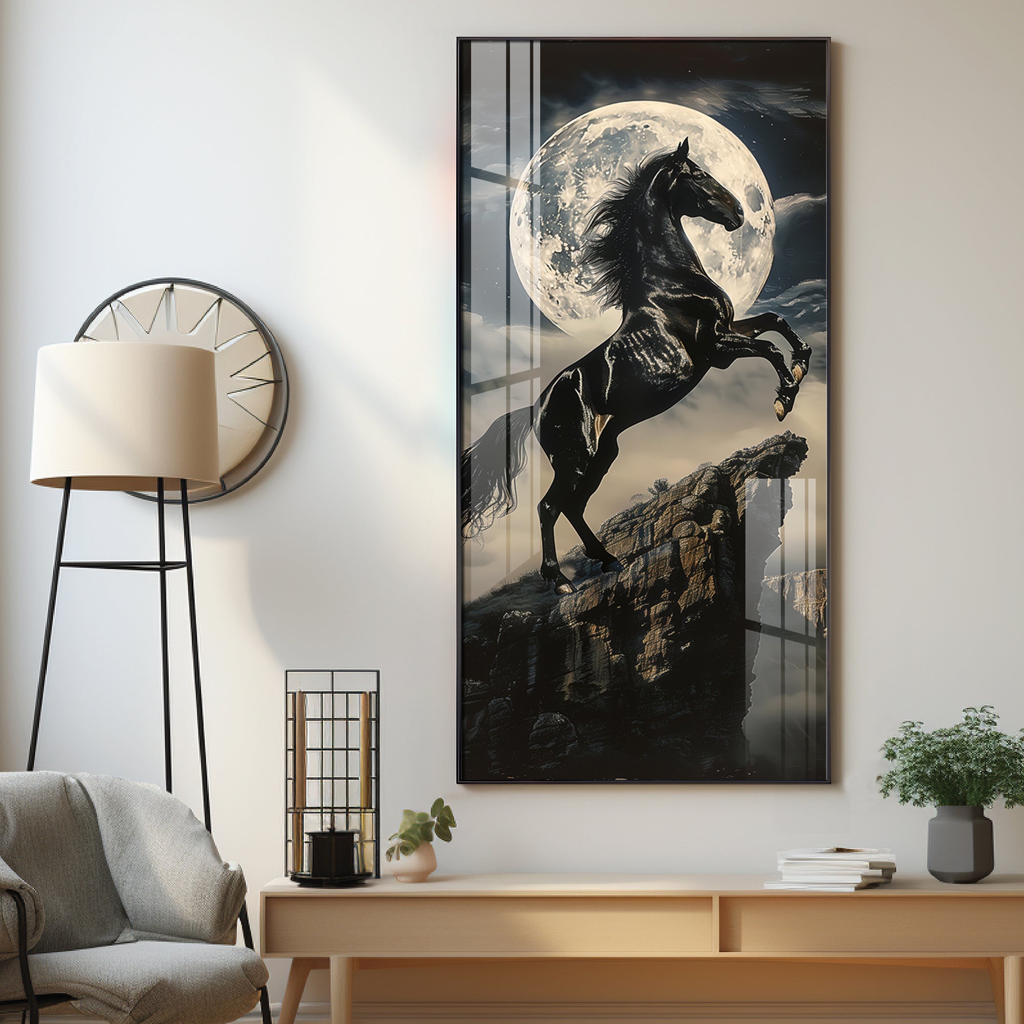 Black Horse On Rocky Cliff Premium Acrylic Vertical Wall Art