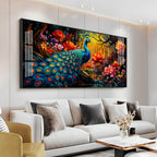 Surreal Peacock With Red Blossom Premium Acrylic Horizontal Wall Art