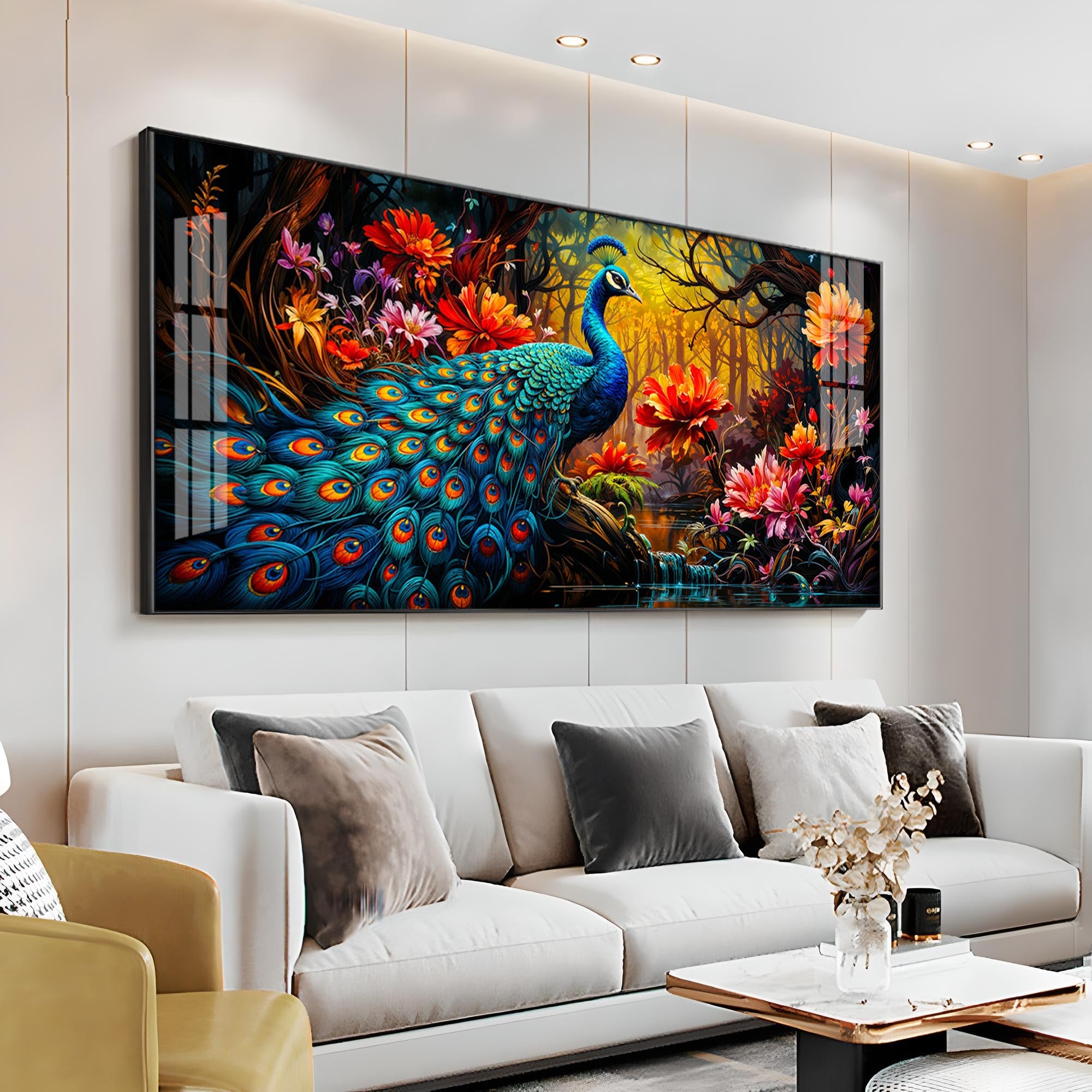 Surreal Peacock With Red Blossom Premium Acrylic Horizontal Wall Art