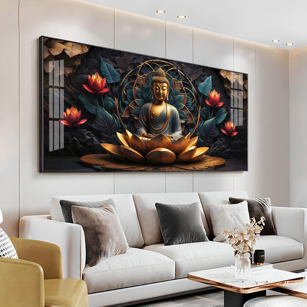 Buddha's Reflection With Sacred Lotus Premium Acrylic Horizontal Wall Art