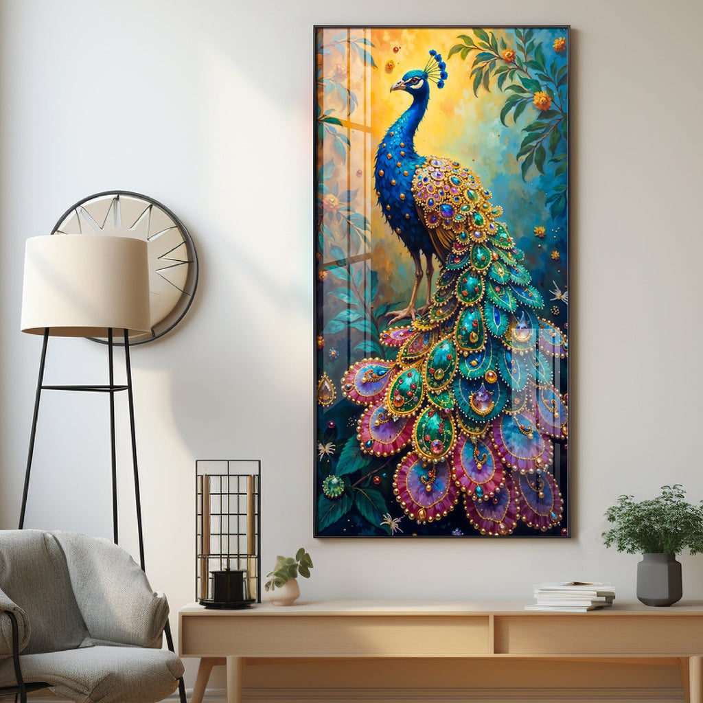Peacock In Sunrise Premium Acrylic Vertical Wall Art