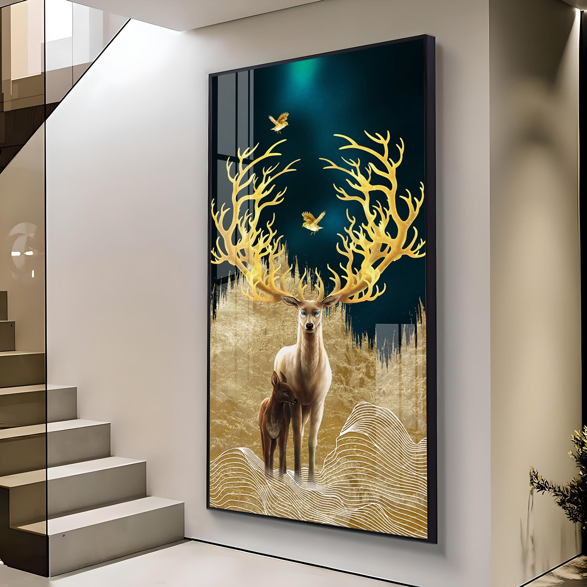 Deer With Golden Antlers Premium Acrylic Vertical Wall Art
