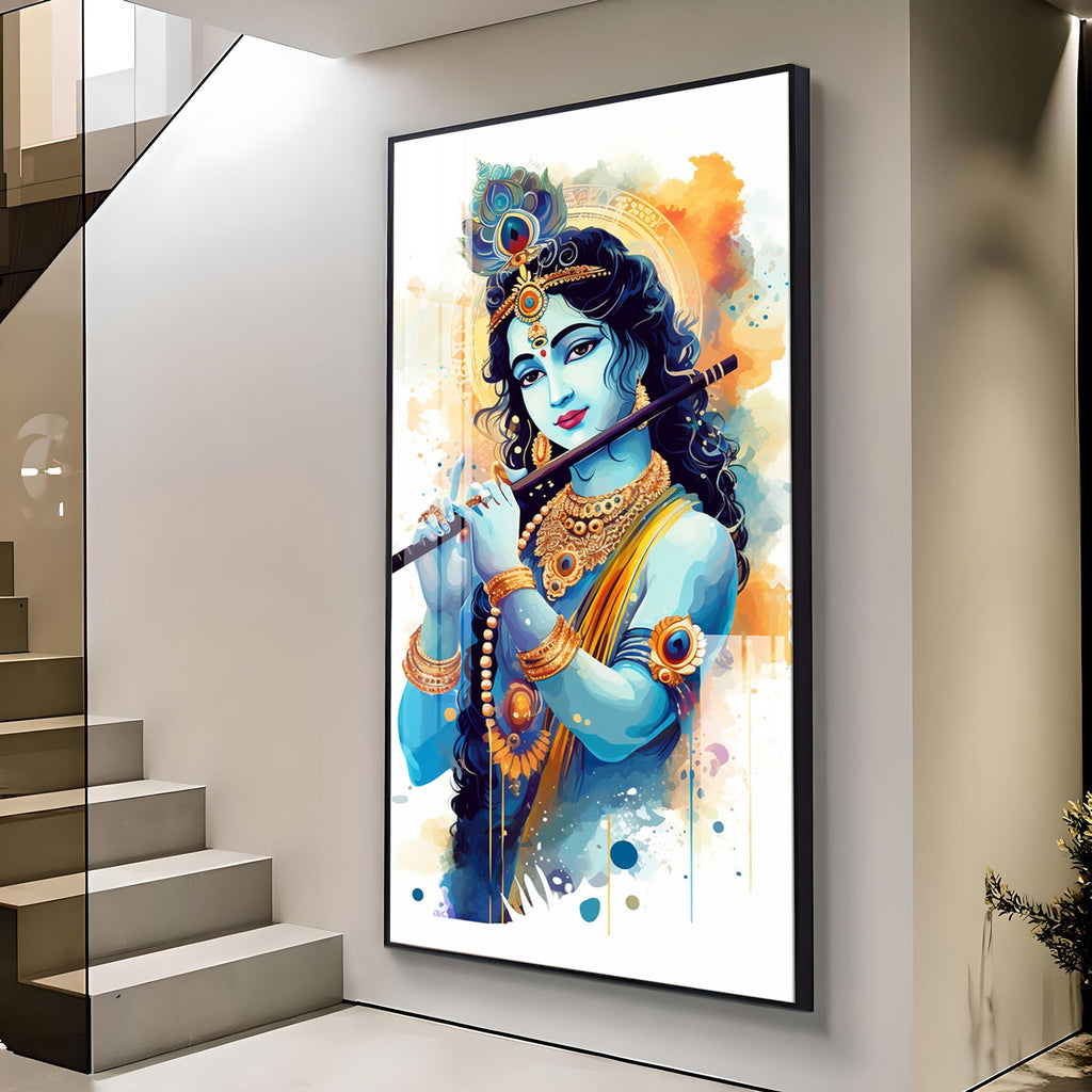 Shree Krishna With Flute Premium Acrylic Vertical Wall Art