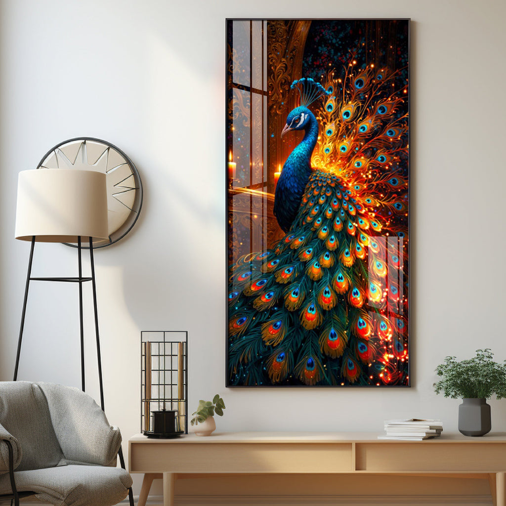 Peacock In Blaze Premium Acrylic Vertical Wall Art