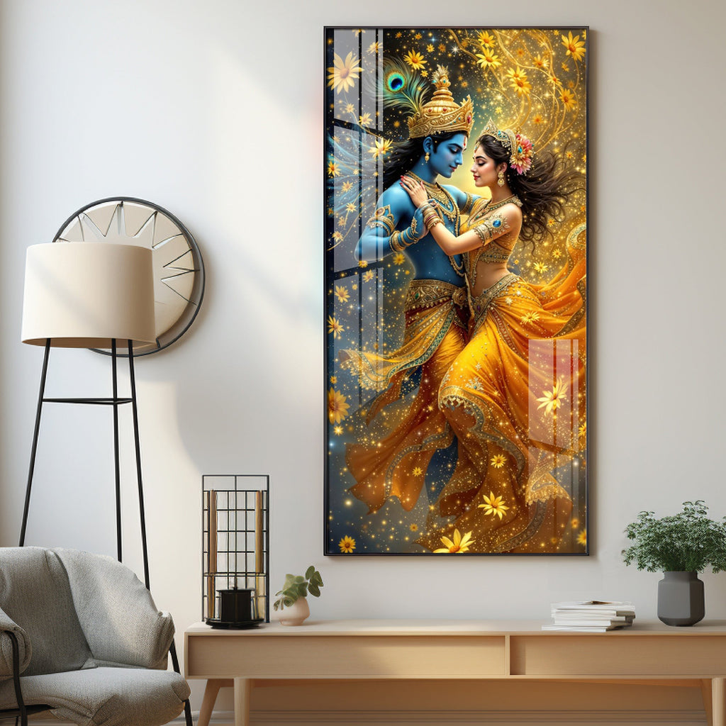Radha And Krishna in Golden Splendor Flower Premium Acrylic Vertical Wall Art