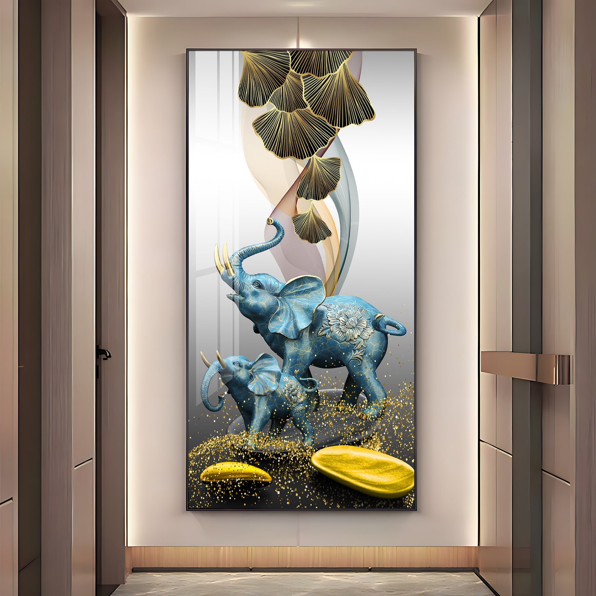 Blue Elephant With Golden Tusk Premium Acrylic Vertical Wall Art