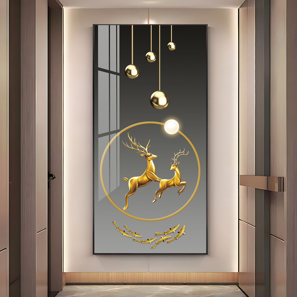 Dancing Golden Reindeer Premium Acrylic Vertical Wall Art