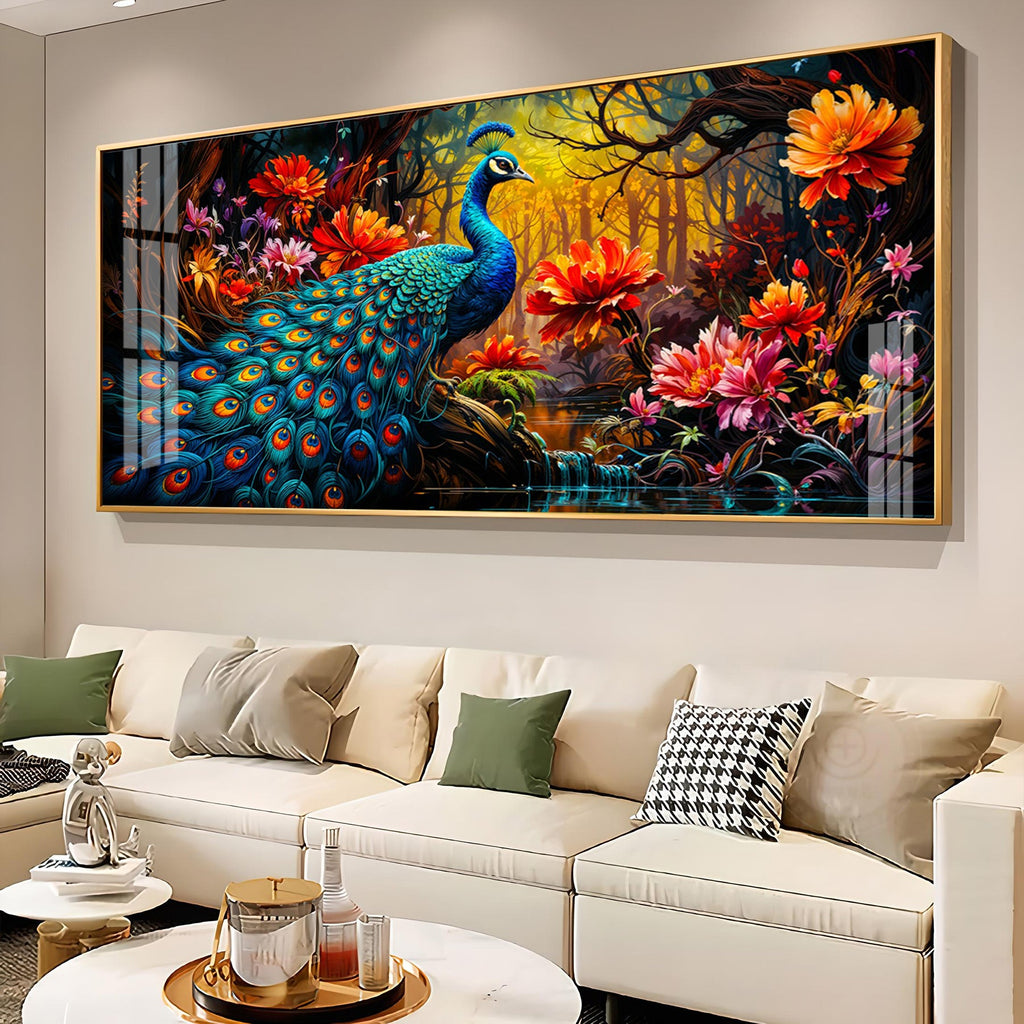 Surreal Peacock With Red Blossom Premium Acrylic Horizontal Wall Art