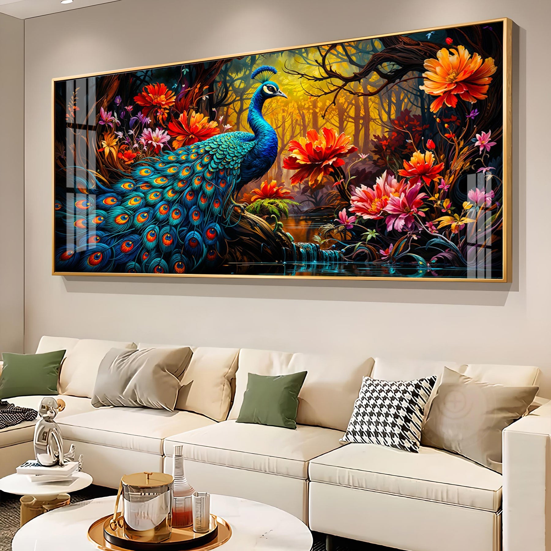 Surreal Peacock With Red Blossom Premium Acrylic Horizontal Wall Art