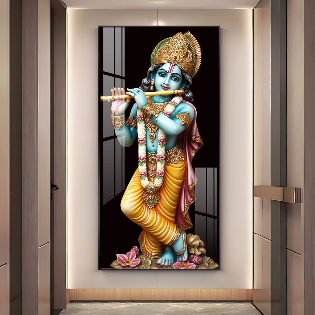 Lord Krishna With Flute Premium Acrylic Vertical Wall Art