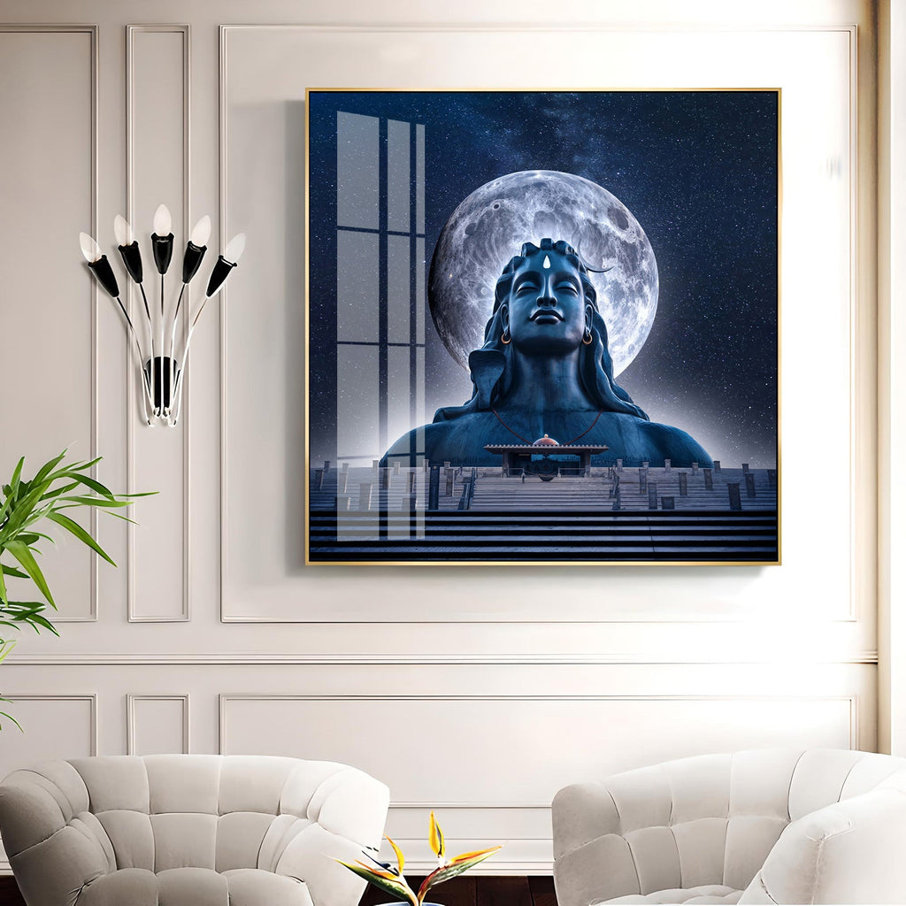 Moon Behind Mahadev Premium Acrylic Square Wall Art