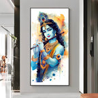 Shree Krishna With Flute Premium Acrylic Vertical Wall Art