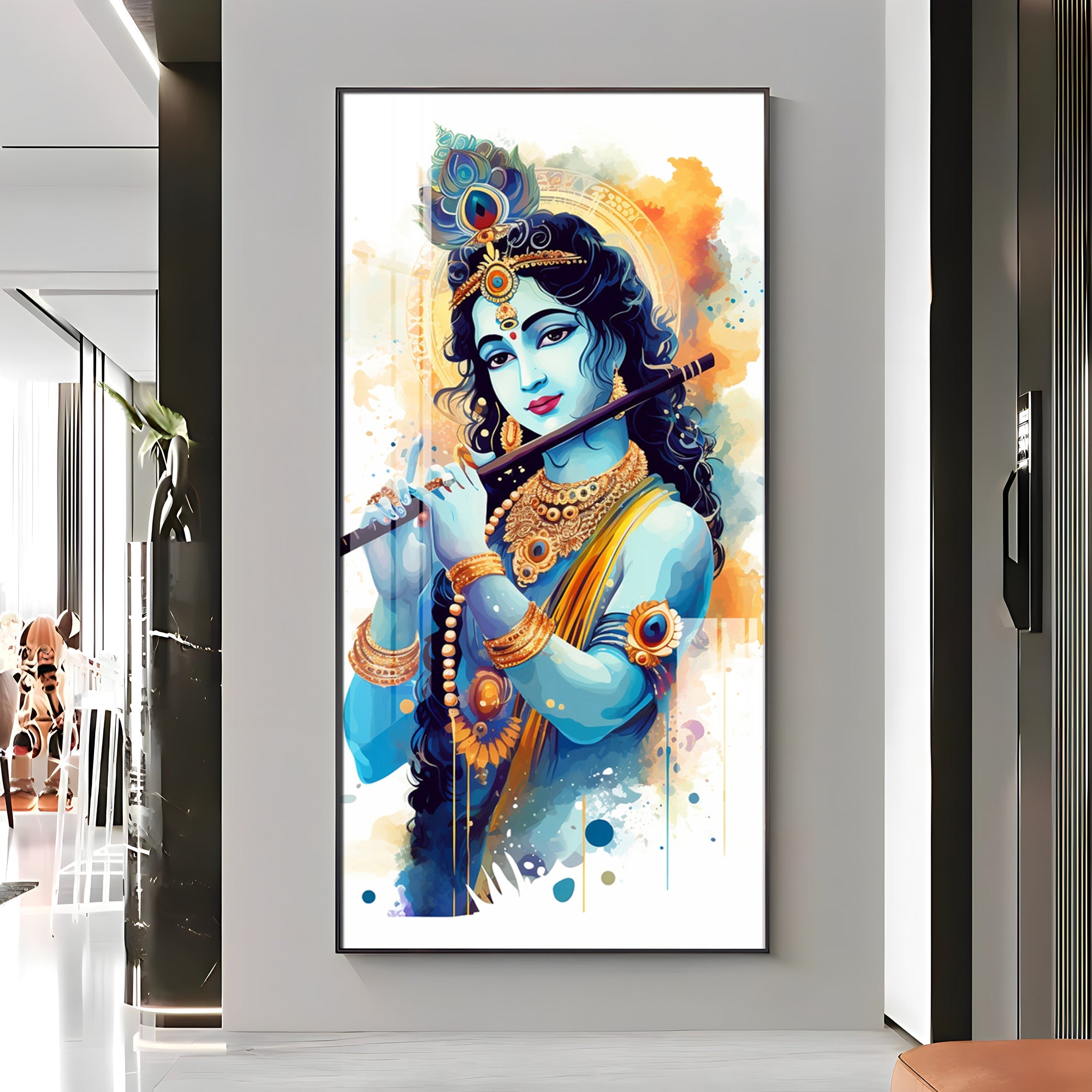 Shree Krishna With Flute Premium Acrylic Vertical Wall Art